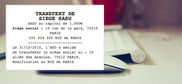 annonce légale de transfert de siège SASU